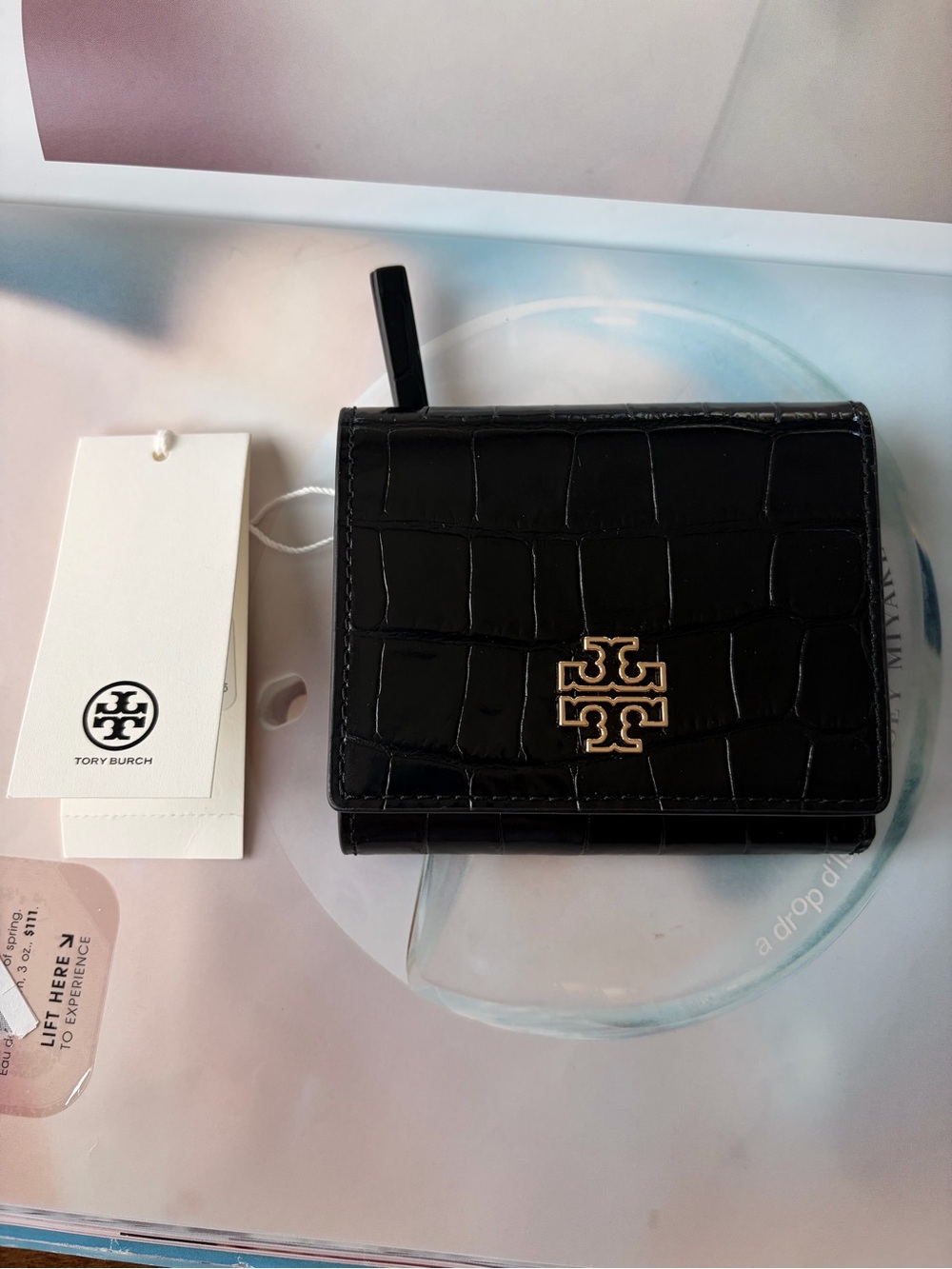 Tory Burch Black Croc-Embossed Compact Wallet new (limited time sale) with tag